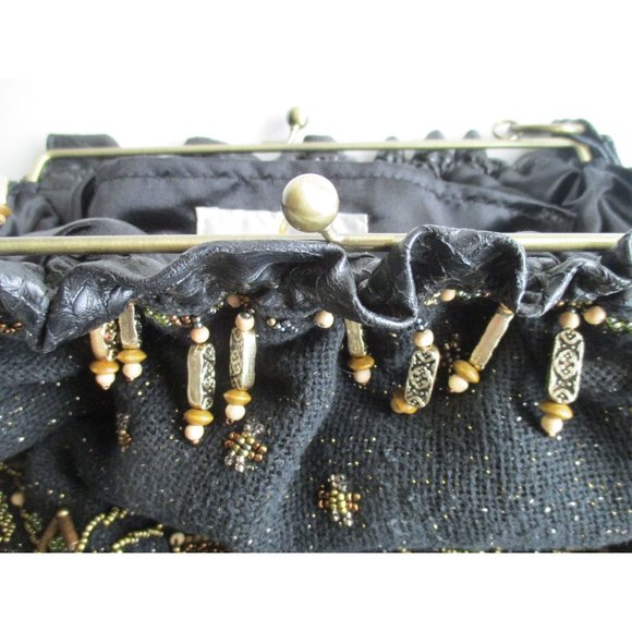 *Mary Frances Vintage Brown Beaded Satchel Tulip Motif Seed and Wooden Beads - Picture 12 of 14